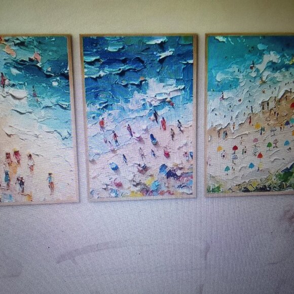 DEAL OF MONTH: 3-pc-set busy summer beach canvas oil painting, brand new